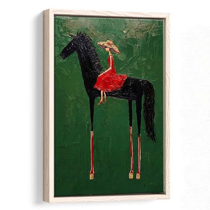 Textured Equestrian Whimsy Green Steed Wall Art Print, Framed Canvas Print, Floating Frame