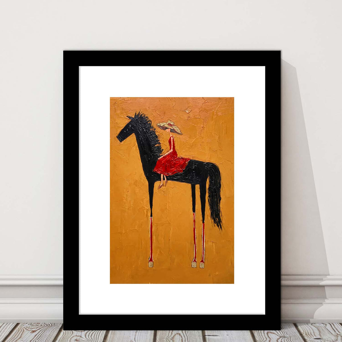 Textured Equestrian Whimsy Yellow Orange Steed Wall Art Print, Framed Art Print, White Border