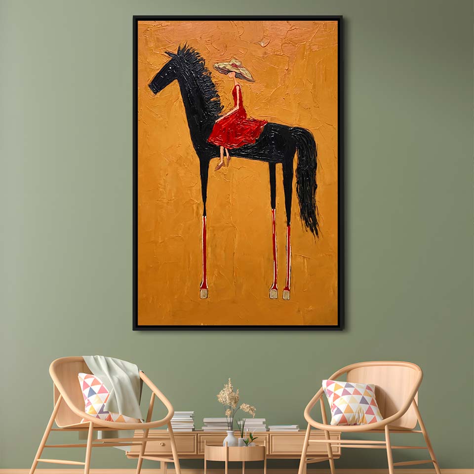 Textured Equestrian Whimsy Yellow Orange Steed Wall Art Print, Framed Canvas Print, Floating Frame