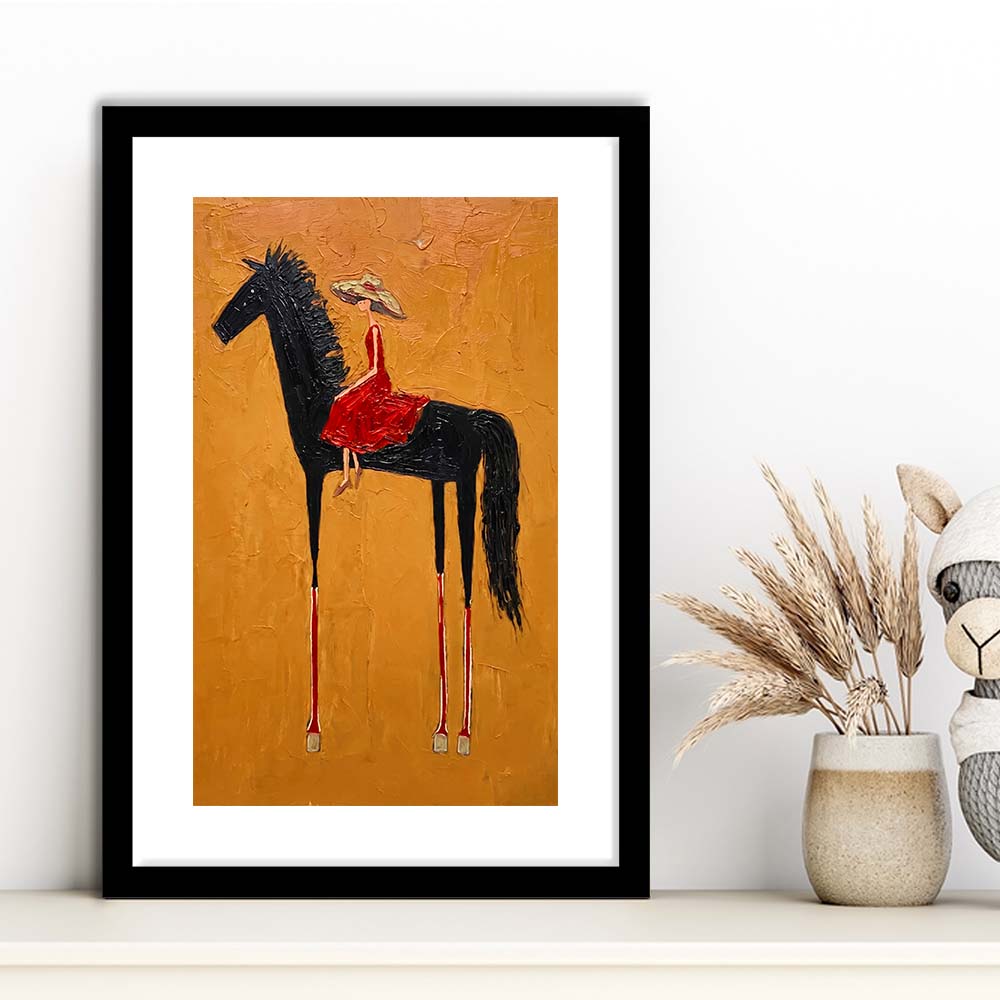 Textured Equestrian Whimsy Yellow Orange Steed Wall Art Print, Framed Art Print, White Border