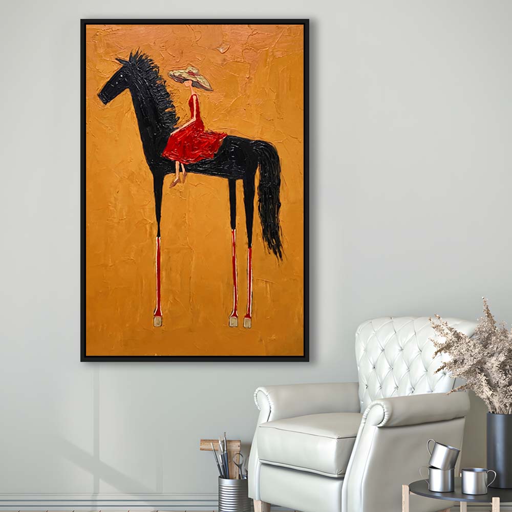 Textured Equestrian Whimsy Yellow Orange Steed Wall Art Print, Framed Canvas Print, Floating Frame