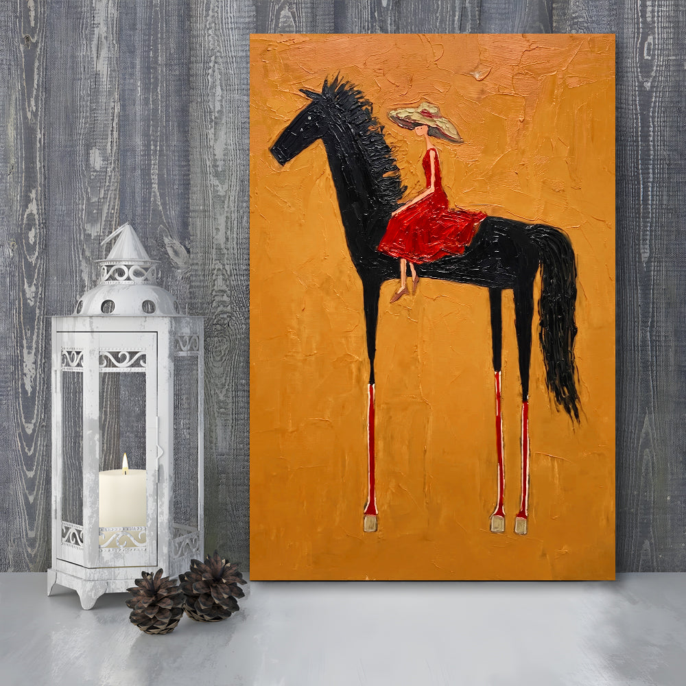 Textured Equestrian Whimsy Yellow Orange Steed Wall Art Print, Canvas Print, Canvas Decor
