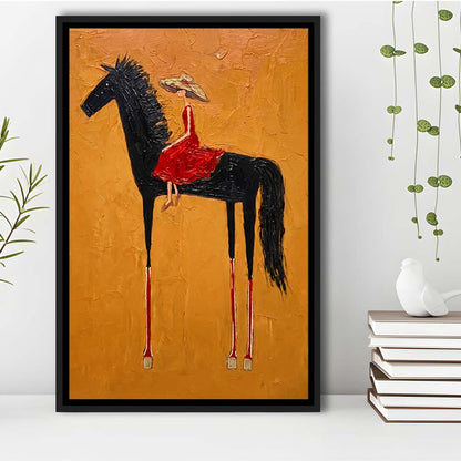 Textured Equestrian Whimsy Yellow Orange Steed Wall Art Print, Framed Canvas Print, Floating Frame