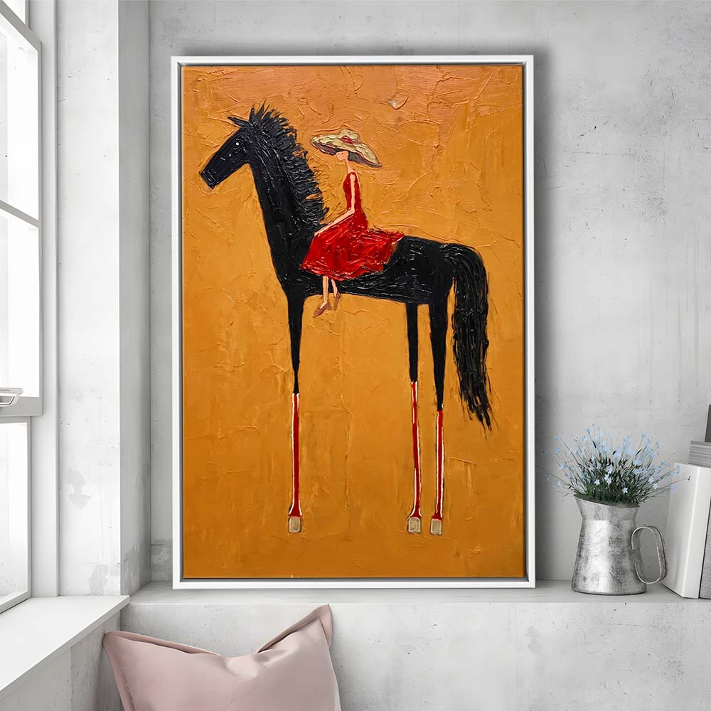 Textured Equestrian Whimsy Yellow Orange Steed Wall Art Print, Framed Canvas Print, Floating Frame