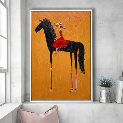 Textured Equestrian Whimsy Yellow Orange Steed Wall Art Print, Framed Canvas Print, Floating Frame