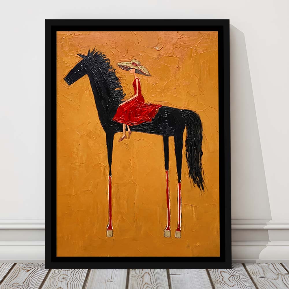Textured Equestrian Whimsy Yellow Orange Steed Wall Art Print, Framed Canvas Print, Floating Frame