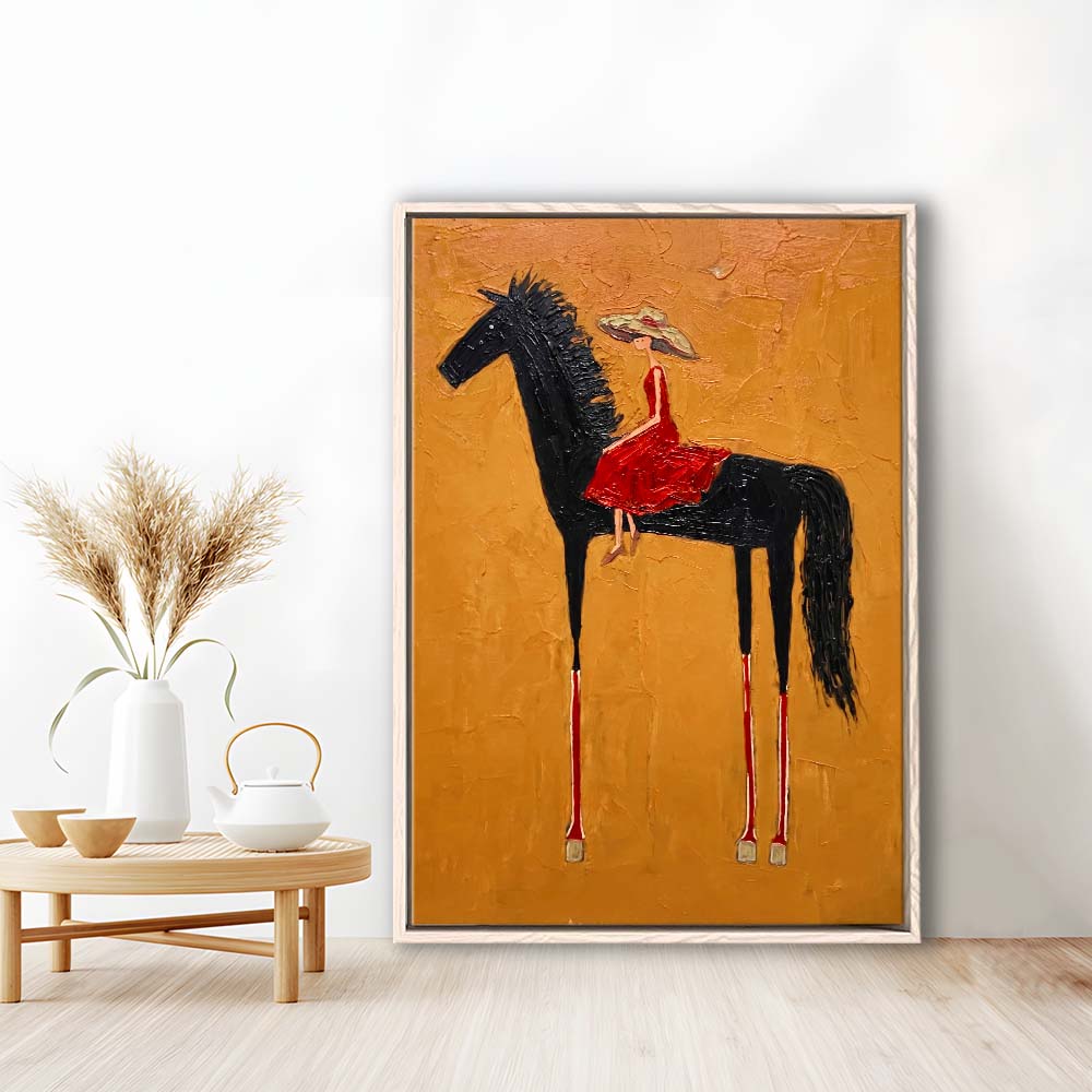Textured Equestrian Whimsy Yellow Orange Steed Wall Art Print, Framed Canvas Print, Floating Frame