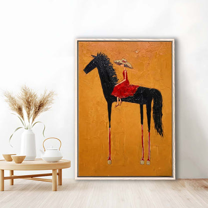 Textured Equestrian Whimsy Yellow Orange Steed Wall Art Print, Framed Canvas Print, Floating Frame