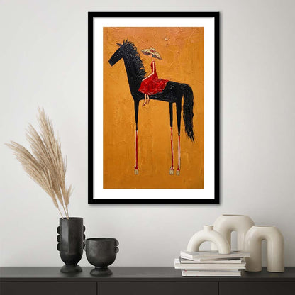 Textured Equestrian Whimsy Yellow Orange Steed Wall Art Print, Framed Art Print, White Border