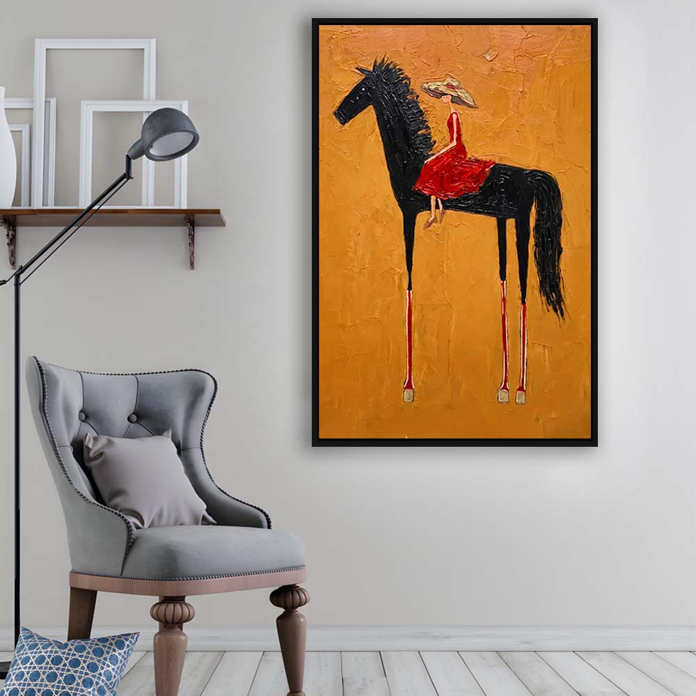 Textured Equestrian Whimsy Yellow Orange Steed Wall Art Print, Framed Canvas Print, Floating Frame