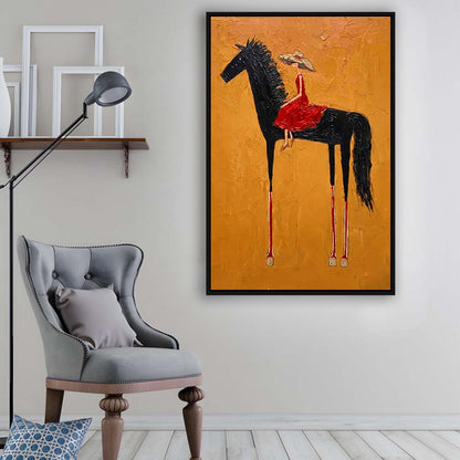 Textured Equestrian Whimsy Yellow Orange Steed Wall Art Print, Framed Canvas Print, Floating Frame