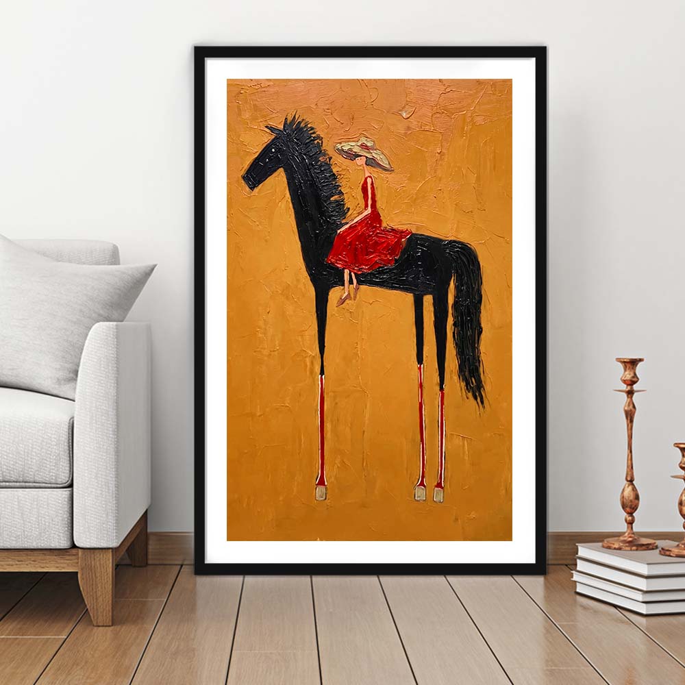 Textured Equestrian Whimsy Yellow Orange Steed Wall Art Print, Framed Art Print, White Border