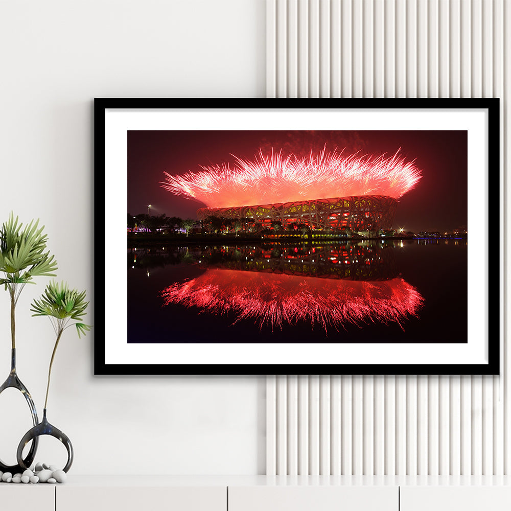 The Bird's Nest Stadium, Stadium Canvas, Sport Art, Gift for him, White Border Framed Art Print Wall Decor