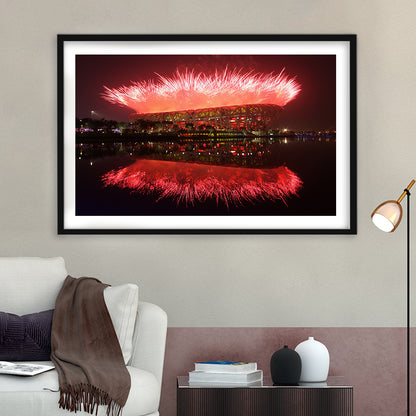 The Bird's Nest Stadium, Stadium Canvas, Sport Art, Gift for him, White Border Framed Art Print Wall Decor