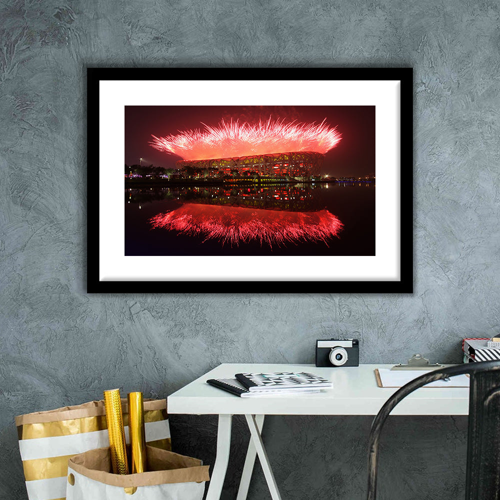 The Bird's Nest Stadium, Stadium Canvas, Sport Art, Gift for him, White Border Framed Art Print Wall Decor