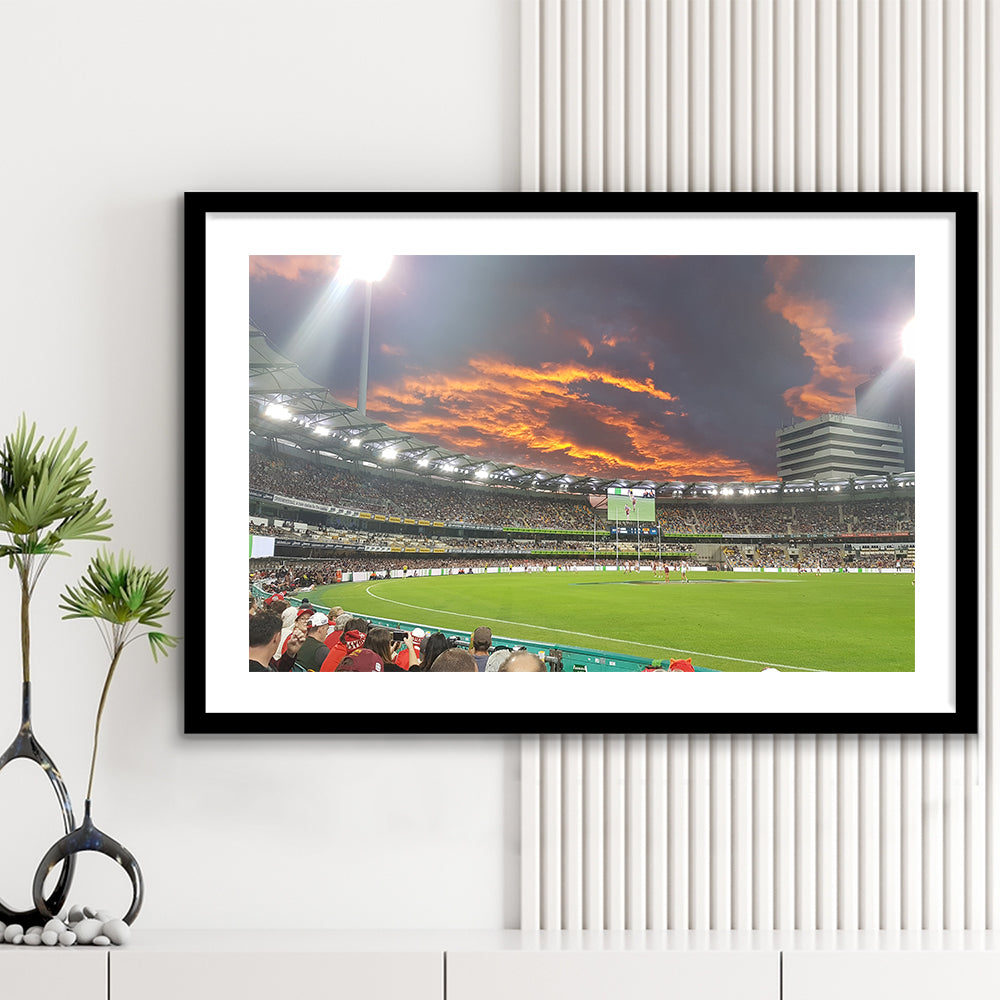 The Gabba at Sunset, Stadium Canvas, Sport Art, Gift for him, White Border Framed Art Print Wall Decor