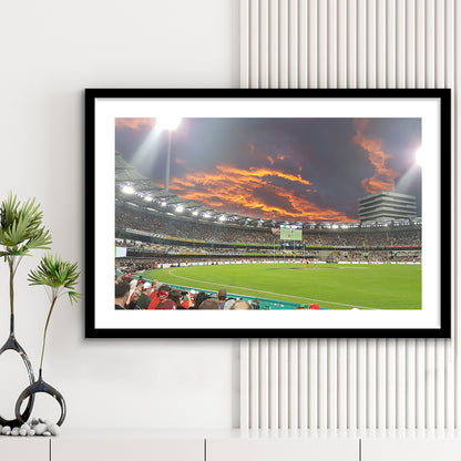 The Gabba at Sunset, Stadium Canvas, Sport Art, Gift for him, White Border Framed Art Print Wall Decor