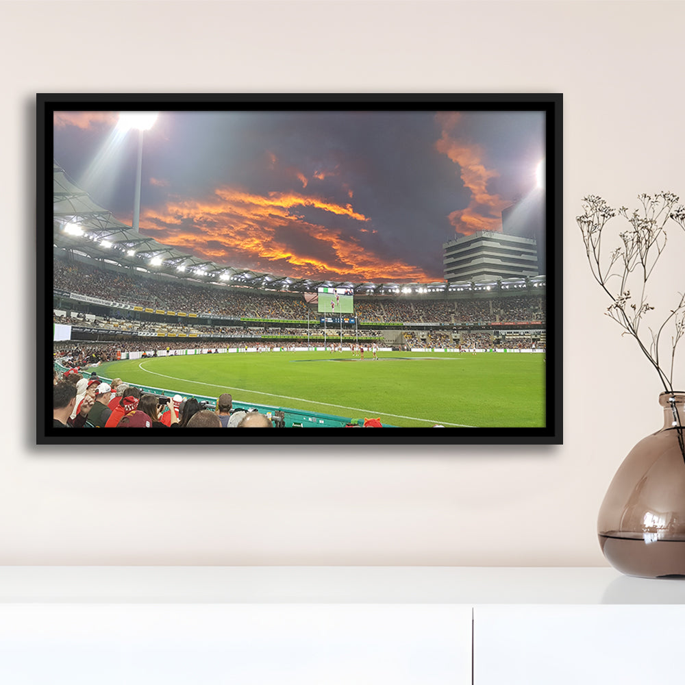 The Gabba at Sunset, Stadium Canvas, Sport Art, Framed Canvas Print Wall Art, Floating Frame