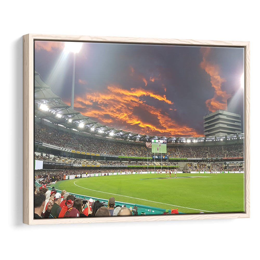 The Gabba at Sunset, Stadium Canvas, Sport Art, Framed Canvas Print Wall Art, Floating Frame