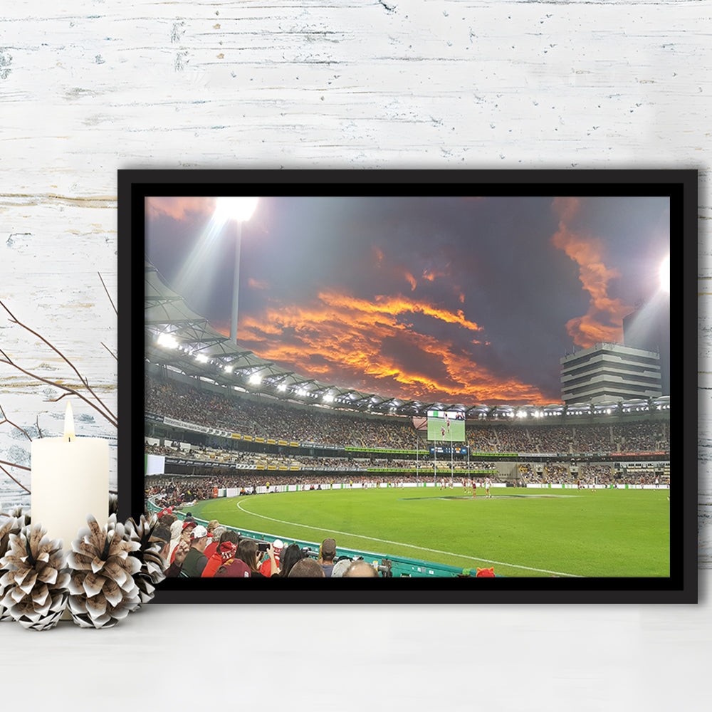 The Gabba at Sunset, Stadium Canvas, Sport Art, Framed Canvas Print Wall Art, Floating Frame