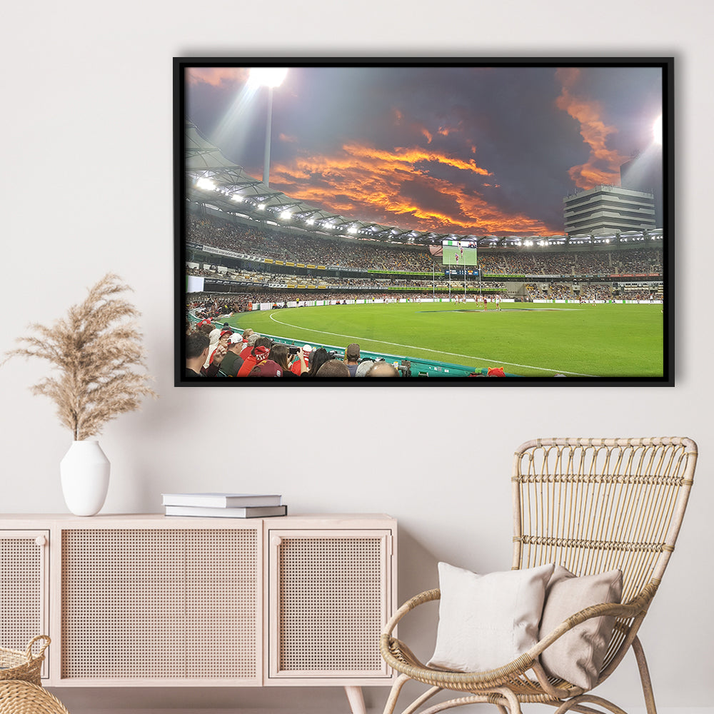 The Gabba at Sunset, Stadium Canvas, Sport Art, Framed Canvas Print Wall Art, Floating Frame