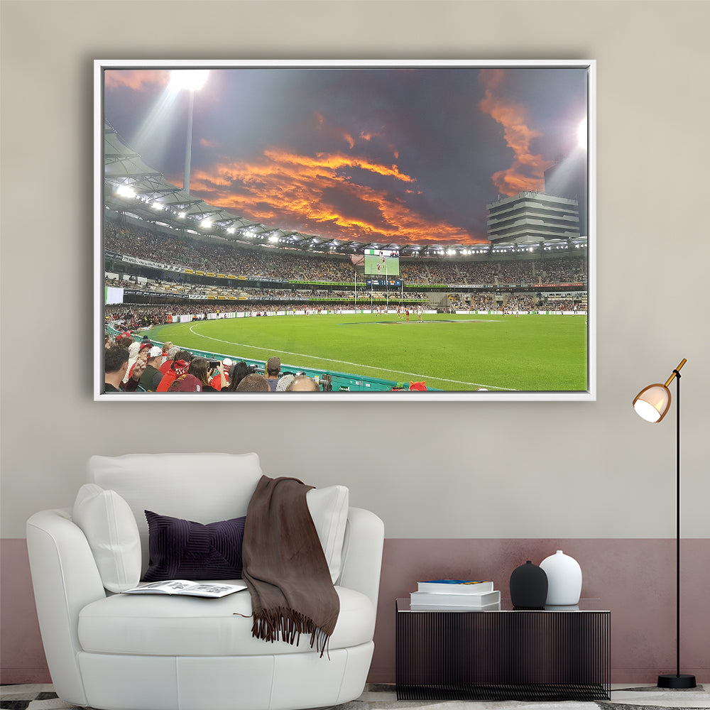 The Gabba at Sunset, Stadium Canvas, Sport Art, Framed Canvas Print Wall Art, Floating Frame