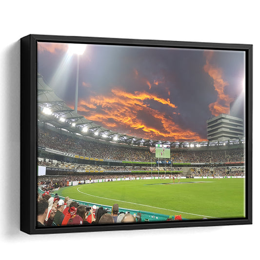 The Gabba at Sunset, Stadium Canvas, Sport Art, Framed Canvas Print Wall Art, Floating Frame