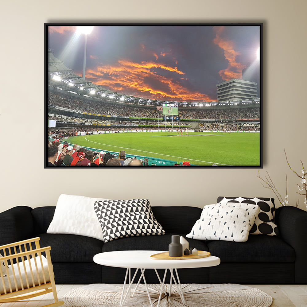 The Gabba at Sunset, Stadium Canvas, Sport Art, Framed Canvas Print Wall Art, Floating Frame