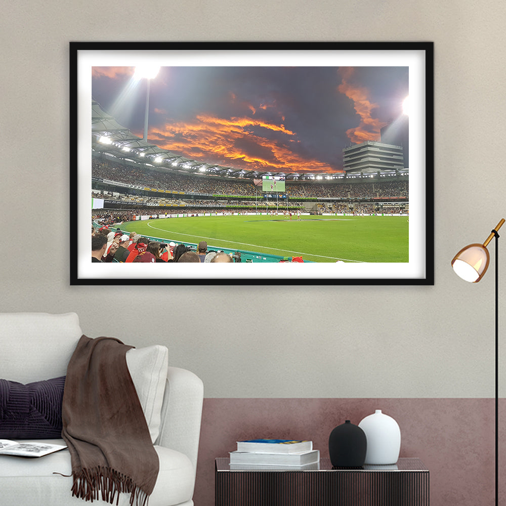 The Gabba at Sunset, Stadium Canvas, Sport Art, Gift for him, White Border Framed Art Print Wall Decor