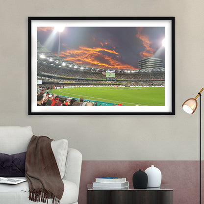 The Gabba at Sunset, Stadium Canvas, Sport Art, Gift for him, White Border Framed Art Print Wall Decor