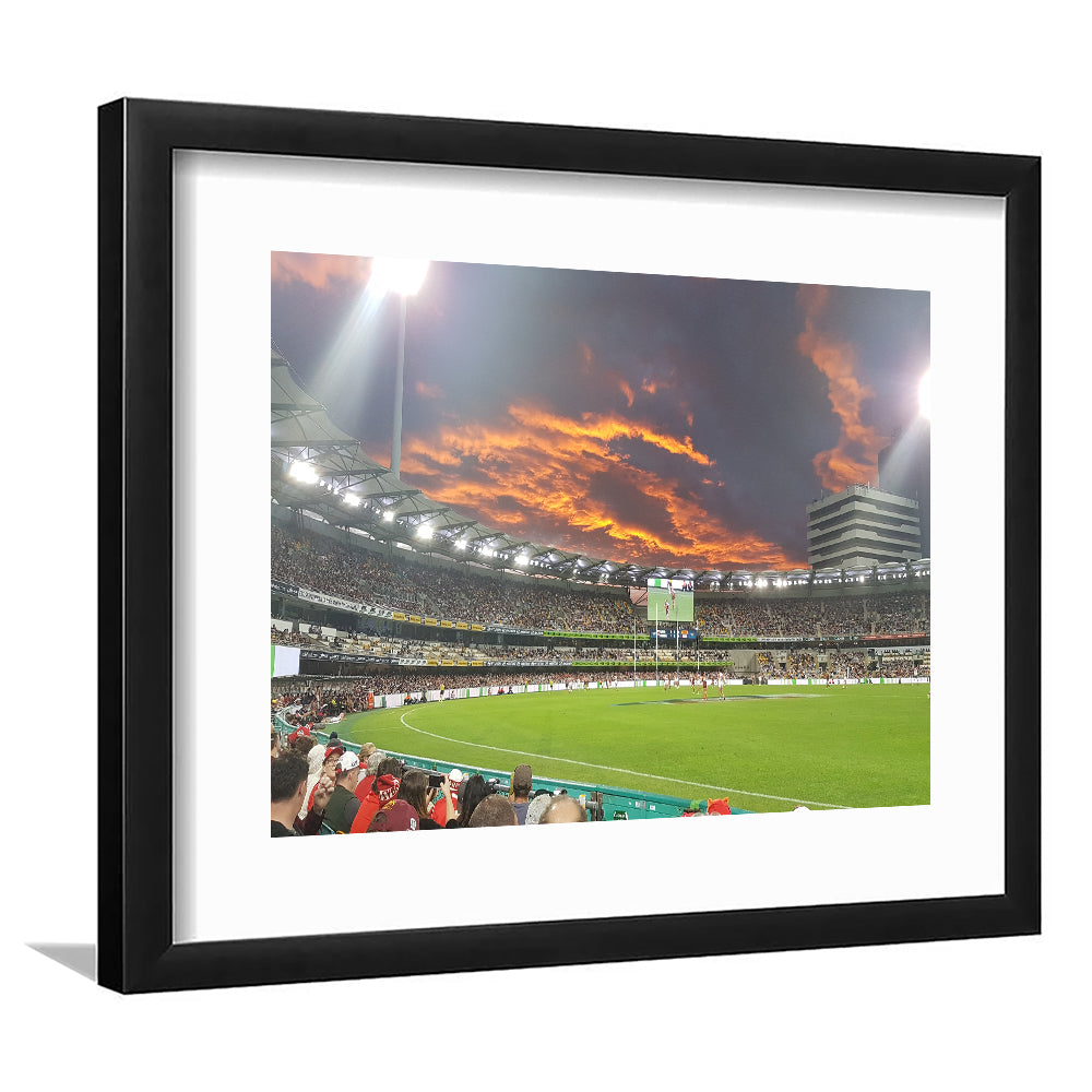 The Gabba at Sunset, Stadium Canvas, Sport Art, Gift for him, White Border Framed Art Print Wall Decor