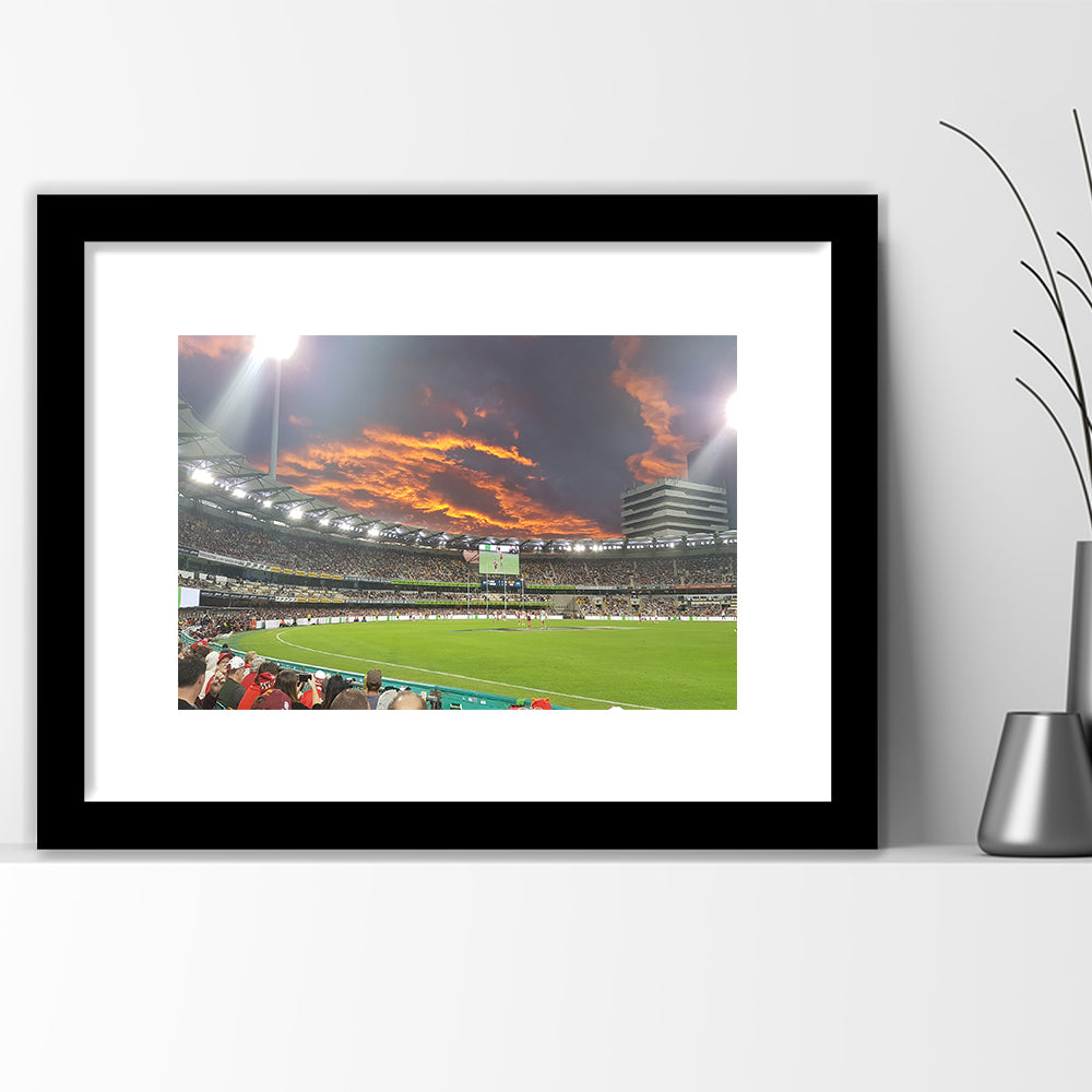 The Gabba at Sunset, Stadium Canvas, Sport Art, Gift for him, White Border Framed Art Print Wall Decor