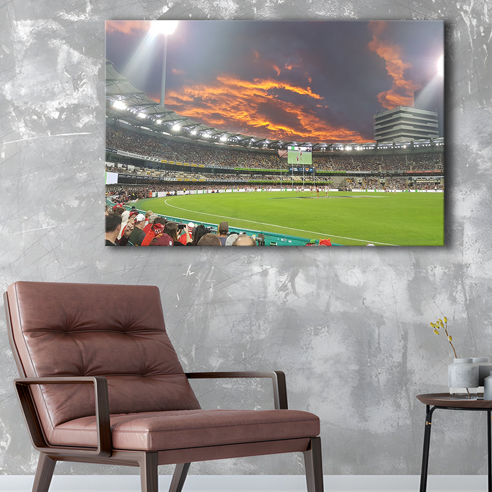 The Gabba at Sunset, Stadium Canvas, Sport Art, Gift for him, Man Cave Decor, Art Print, Canvas Print Wall Art