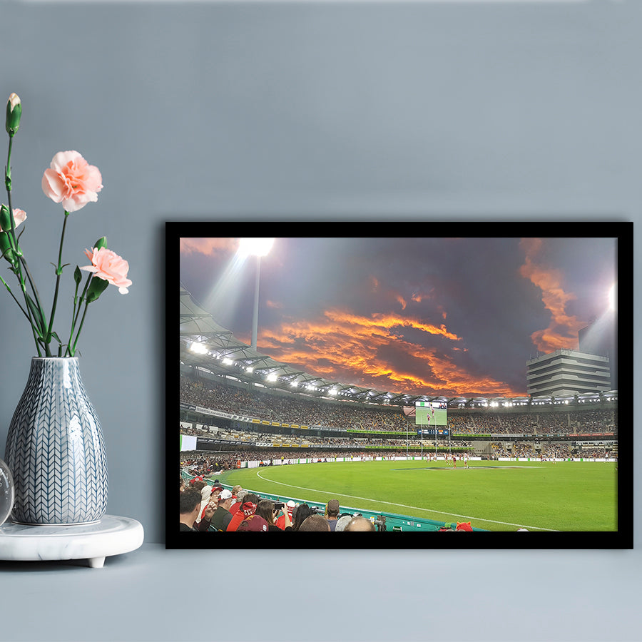 The Gabba at Sunset, Stadium Canvas, Sport Art, Gift for him, Framed Art Print Wall Decor, Picture Framed