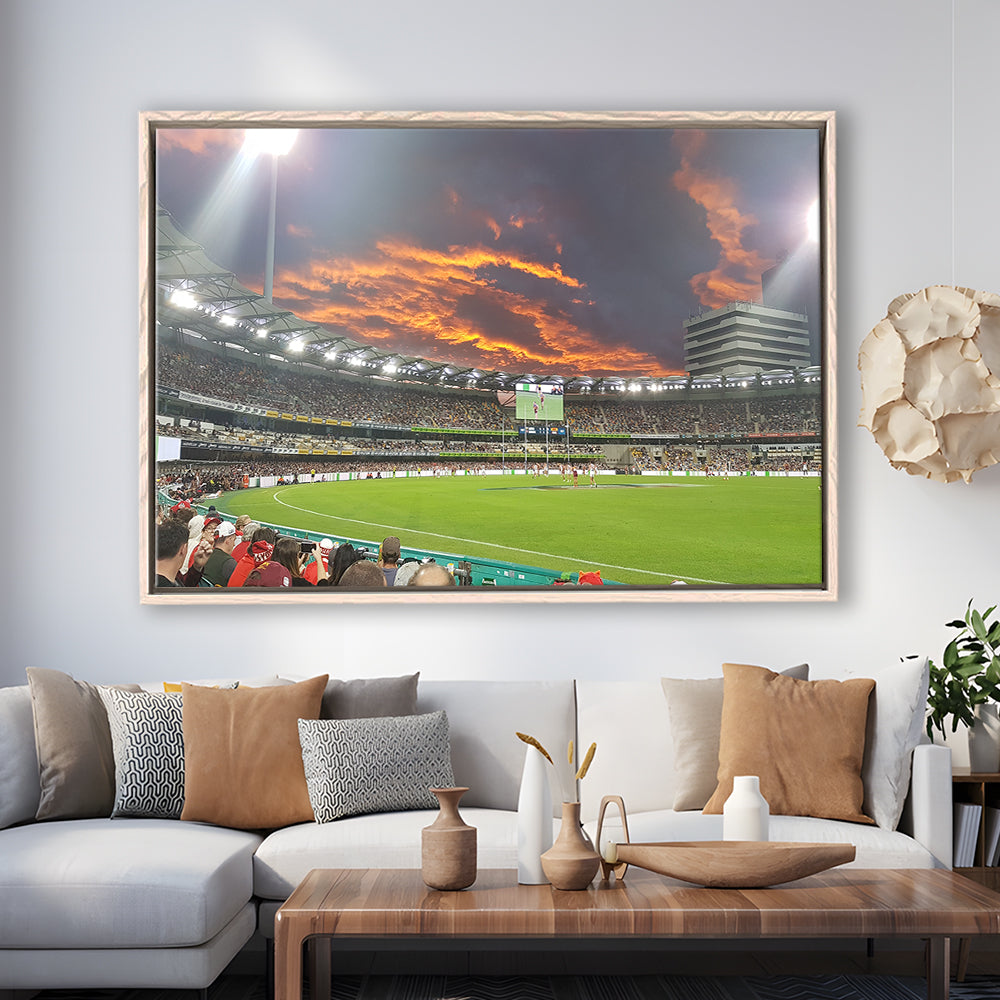 The Gabba at Sunset, Stadium Canvas, Sport Art, Framed Canvas Print Wall Art, Floating Frame