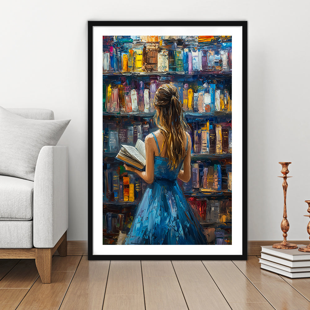 The Girl Reading Book In The Library Painting, Framed Picture Print, Framed Art Prints White Border Wall Decor