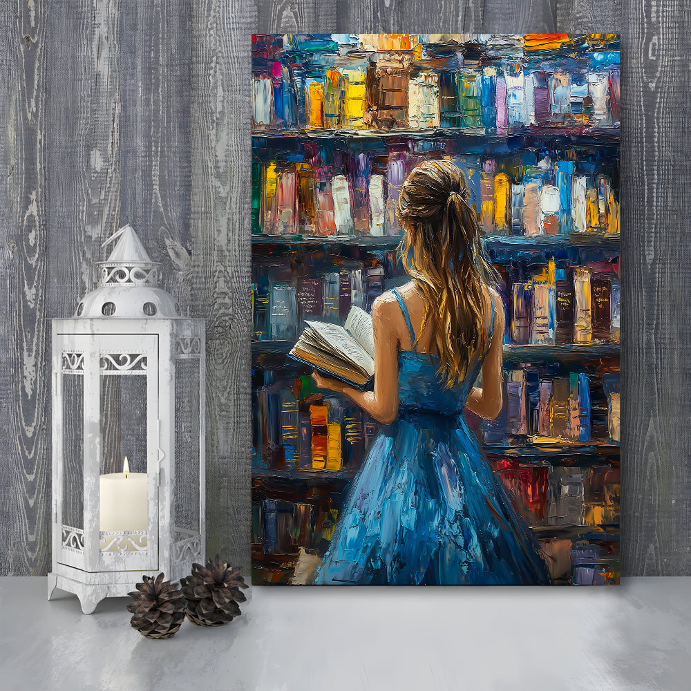 The Girl Reading Book In The Library Painting, Canvas Art Print Decor, Painting Art, Canvas Prints Wall Art