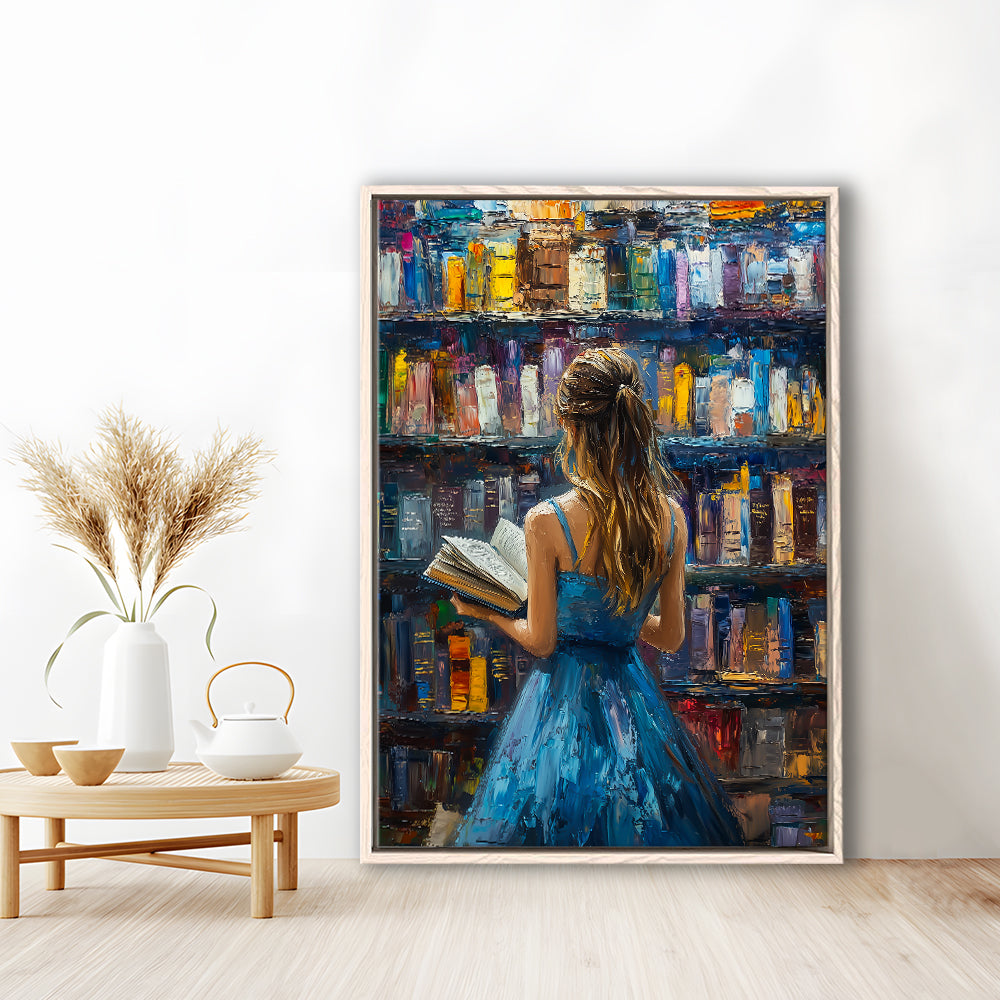 The Girl Reading Book In The Library Painting, Floating Framed Canvas Art Print,, Framed Canvas Prints Wall Art