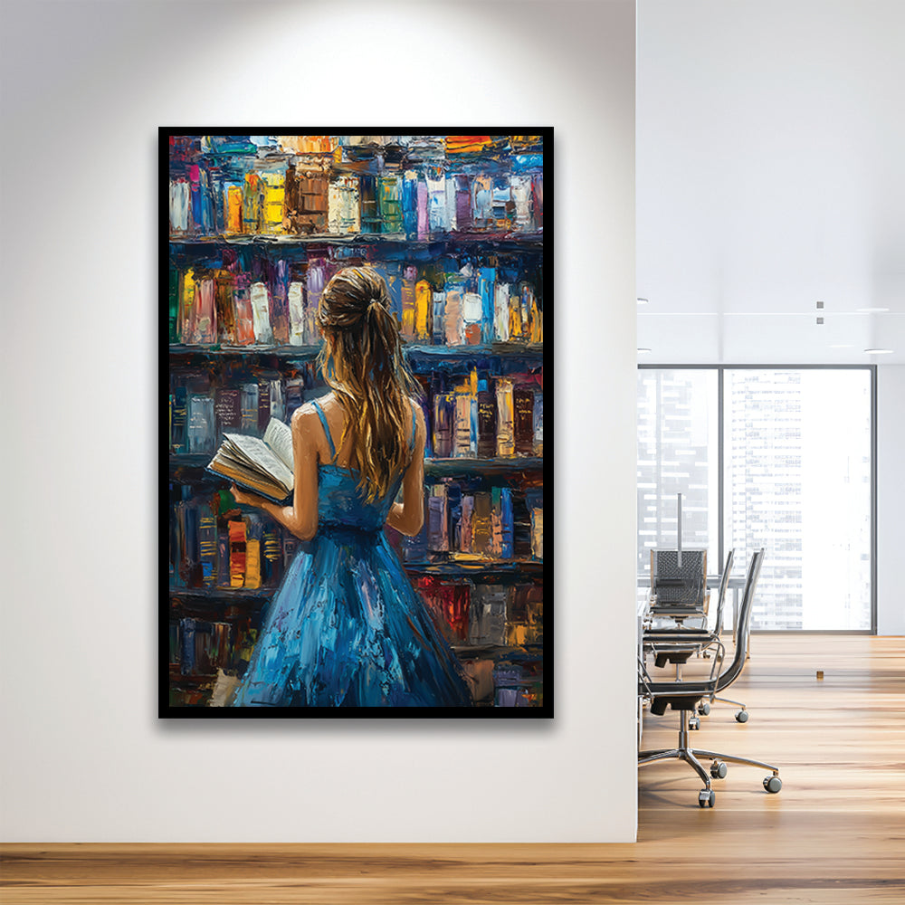 The Girl Reading Book In The Library Painting, Framed Picture Print,, Framed Art Prints Wall Decor