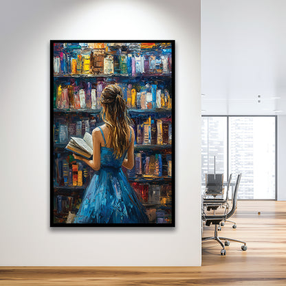 The Girl Reading Book In The Library Painting, Framed Picture Print,, Framed Art Prints Wall Decor