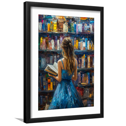 The Girl Reading Book In The Library Painting, Framed Picture Print, Framed Art Prints White Border Wall Decor