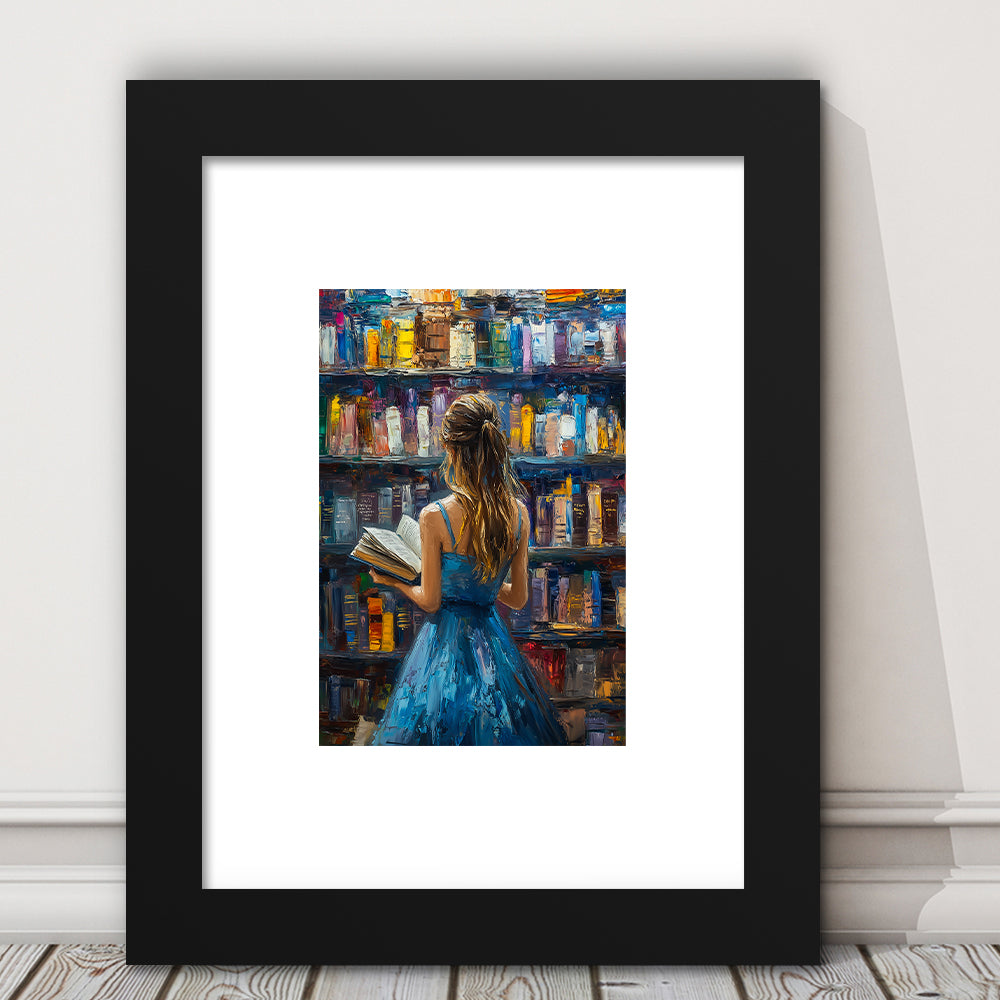 The Girl Reading Book In The Library Painting, Framed Picture Print, Framed Art Prints White Border Wall Decor