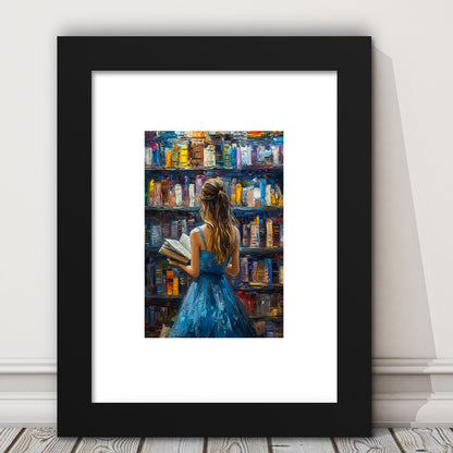 The Girl Reading Book In The Library Painting, Framed Picture Print, Framed Art Prints White Border Wall Decor