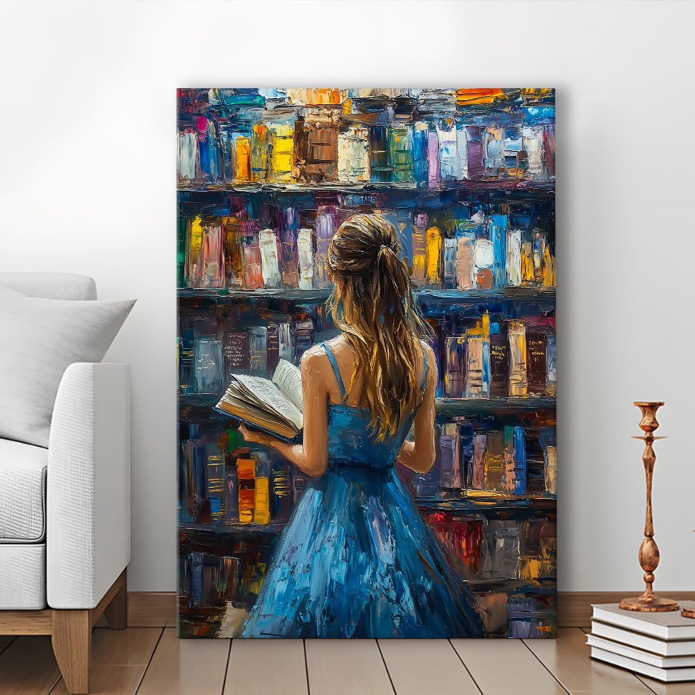 The Girl Reading Book In The Library Painting, Canvas Art Print Decor, Painting Art, Canvas Prints Wall Art