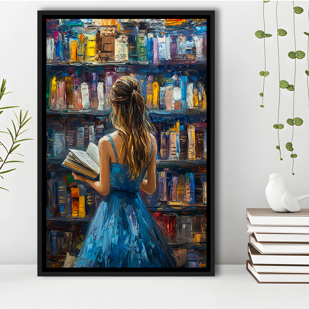 The Girl Reading Book In The Library Painting, Floating Framed Canvas Art Print,, Framed Canvas Prints Wall Art