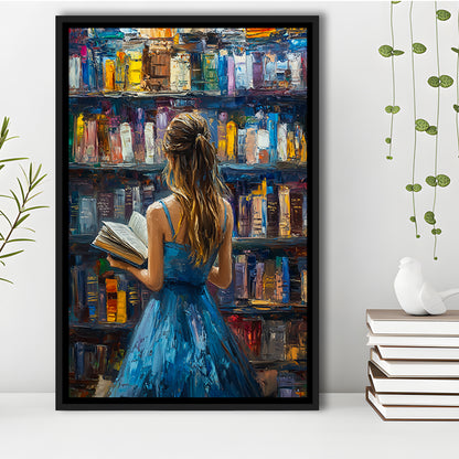 The Girl Reading Book In The Library Painting, Floating Framed Canvas Art Print,, Framed Canvas Prints Wall Art
