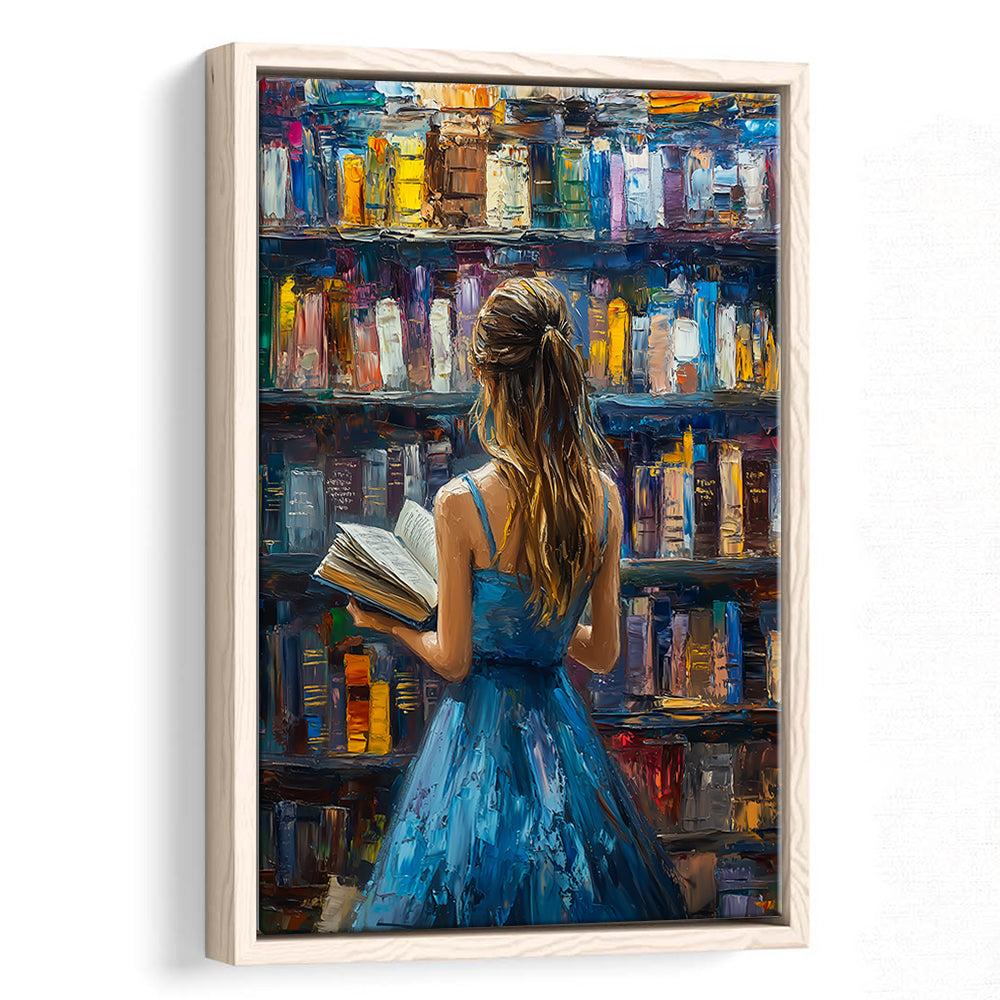 The Girl Reading Book In The Library Painting, Floating Framed Canvas Art Print,, Framed Canvas Prints Wall Art