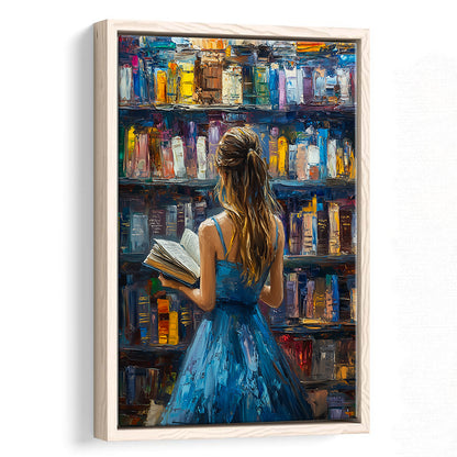 The Girl Reading Book In The Library Painting, Floating Framed Canvas Art Print,, Framed Canvas Prints Wall Art
