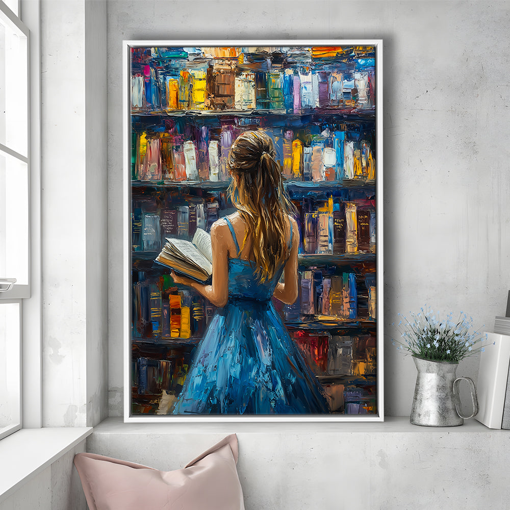 The Girl Reading Book In The Library Painting, Floating Framed Canvas Art Print,, Framed Canvas Prints Wall Art