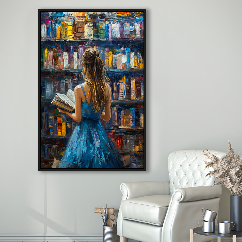 The Girl Reading Book In The Library Painting, Floating Framed Canvas Art Print,, Framed Canvas Prints Wall Art